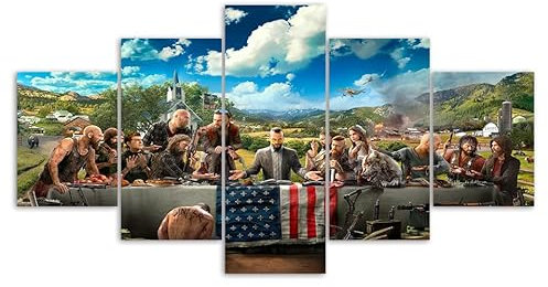 Impressions sur Toile 5 Panneaux Muraux Far Cry 5 New Eden Last Supper Tableau Decoration Murale Tendu sur Chassis Encadrée,Toile Salon Tableaux Murale Decoration