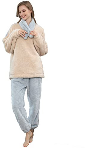 iyoimono Pijama para mujer, 2 unidades, con parte superior larga y pantalones de forro polar, acogedora y cálida, de franela, para invierno, ropa de dormir PjS, blanco y azul, XXL