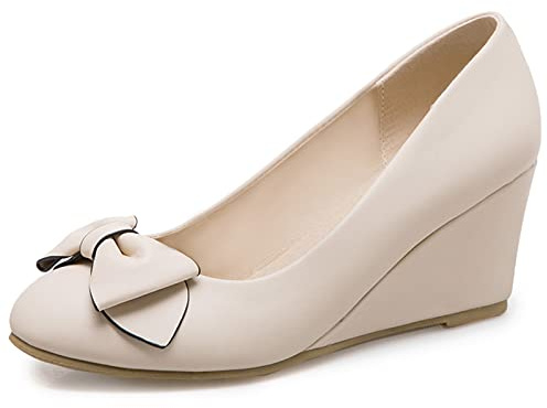 Zapatos de Vestir Mujer, Zapatos Tacón de Cuña Linda Zapatos de Fiesta Tacón Medio Punta Redonda Lazos Beige Talla 34 EU