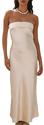 Realtix Satin Silk Backless Tube Tops Maxi Dress for Women Low Back Hollow Out Elegant Strapless Long Dresses Wedding Guest Champagne