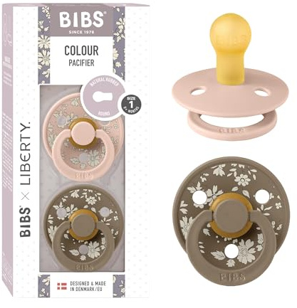 BIBS Liberty Dummies | 2 Colour Natural Rubber Latex Soothers | BPA Free Dummy | Round Nipple Pacifier | Designed & Made in Denmark | Capel Blush | Size 1 | 0+ Months