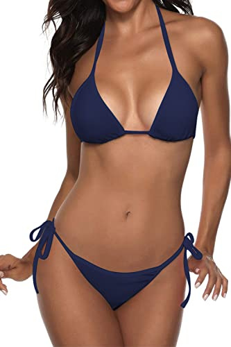 Women Two Piece Swimsuit Sexy Swimwear Halter String Triangle Bikini Sets Navy XS