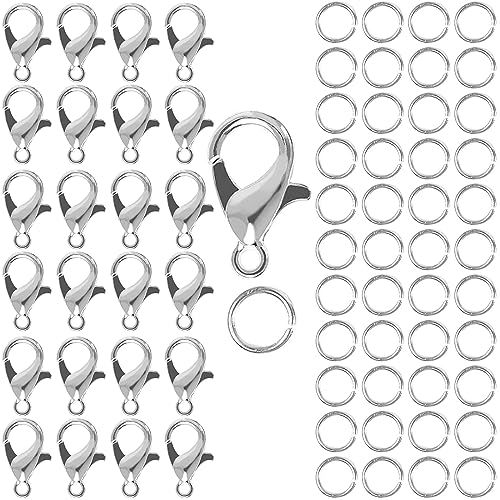 50 Stück verschlüsse für armbänder,kettenverschluss, mit 100 Biegeringe,perlen verschlüsse, karabiner schlüsselanhänger,kleine karabinerhaken,für DIY,rucksack,schlüssel(Silber)