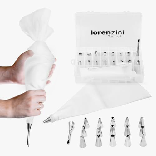 Lorenzini, Manga Pastelera profesional – Bolsa de silicona blanca con 16 boquillas de decoración y relleno – Bolsa de pastelería accesorios profesionales, adaptador, cepillo de limpieza