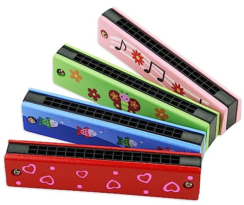4Pcs Harmonica Printed Cartoon Harmonica with 16 Holes Mouth Organ Educational Wooden for Beginners