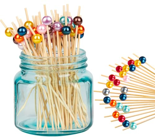 NUOOO Pack of 100 Cocktail Picks 12 cm Cocktail Toothpick Skewers Wooden Skewers Finger Food Skewers Beads Cocktail Party Decoration for Valentine's Day Food (Colourful), LUOSHUIGUOQIAN100EU