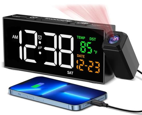 Netzu Projection Clock for Bedroom Ceiling, Alarm Clocks with 180° Rotatable Projector, Date Temperature and Weekday, Manual DST, 5 Brightness, 10 Ringtones, 4 Volumes and Snooze (Black)