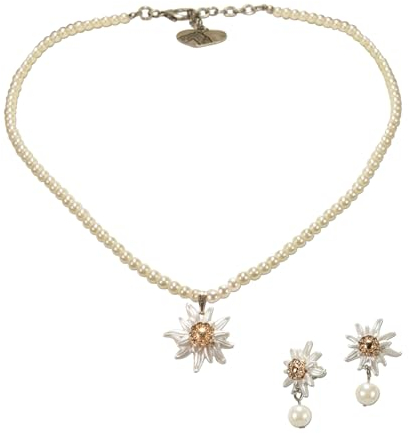 Alpenflüstern Trachtenschmuck-Set Perlen-Trachtenkette und Trachten-Ohrstecker Strass-Edelweiß Greta klein - Damen Trachten-Schmuck Trachtenset Dirndl-Kette und Trachten-Ohrringe (creme-weiß) SET051