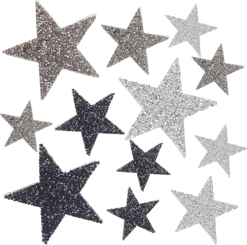 Adesivi termoadesivi a forma di stella, da applicare con il ferro da stiro, con stelle di strass, per cappelli, scarpe, vestiti, jeans, fai da te, 8/6/4 cm, colore bianco argento + grigio minerale +