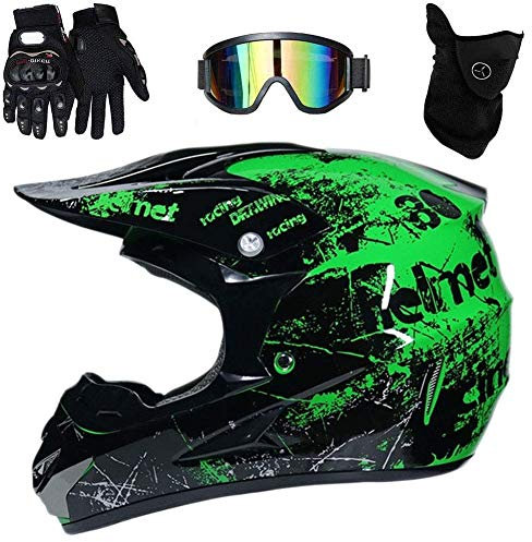 Intégral Casque Motocross Ensemble, avec Lunettes Gants Masque, Jeunesse Enfant Hors Route Moto Casque Équipement de Protection, Downhill Enduro VTT MTB BMX Quad Dirt Bike Casque(RR,S/52-53CM)