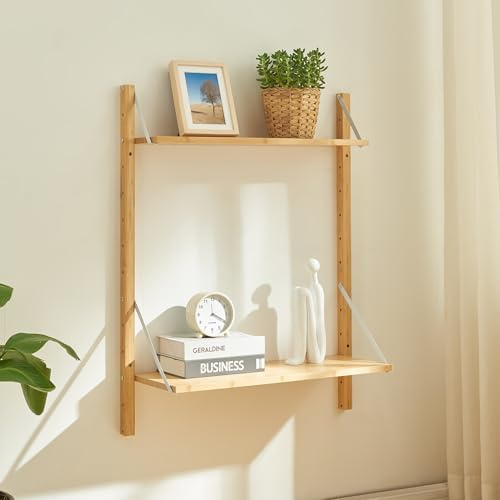 [en.casa] Étagère Murale Style Scandinave avec 2 Surfaces de Rangement Élements Réglables en Hauteur avec Trous Prépercés Bambou 85 x 65 x 25 cm Naturel