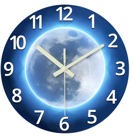 Constantplanet Analog Glow in The Dark Wall Clock Battery Operated 12 Inch Blue Light Up Clock for Wall Silent Wall Clock for Kids Bedroom