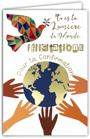 68-6502 Biglietto di auguri per la tua conferma uomo donna cristiana cattolica Sei la luce del mondo Spirito Santo Colomba della Pace in oro dorato, con busta, 12 x 17,5 cm, made in France