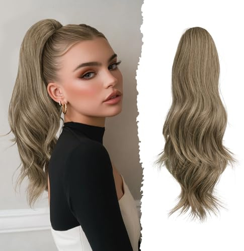 Sofeiyan Coleta Postiza Larga Ondulada con Pinza, Extensión de Coleta Natural de Doble Uso, 41 cm de Sintética Pinza de Pelo en Extensión de Trenza para Mujeres, Castaño ceniza y rubio dorado