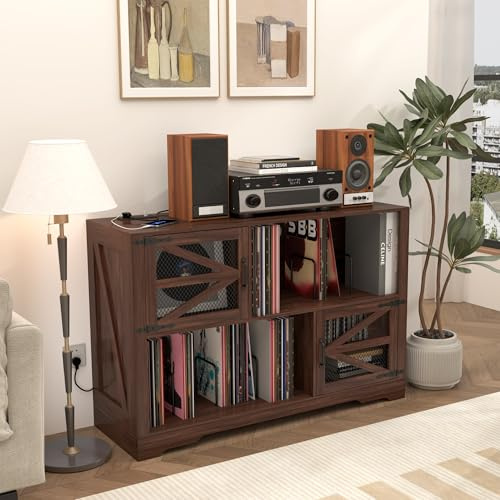 AeasyG MDF Mueble para Discos de Vinilo con Acabado Nogal,Soporte para 500+ Vinilos, 2 Enchufes & 2 USB, Antivuelco, Mueble Compacto para Salón y Tocadiscos,Color Nogal（120×40×80cm）