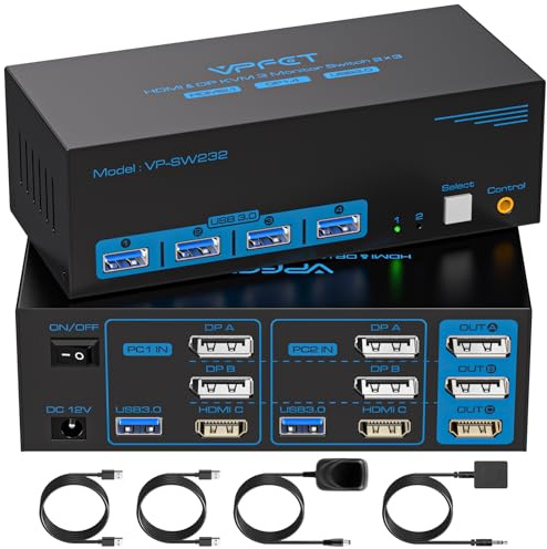 HDMI + Displayport 8K @ 60Hz KVM-omkopplare 3 bildskärmar 2 datorer 4K@ 120Hz Triple Monitor KVM-omkopplare tillverkad av metall, 2 datorer för att dela 4 USB 3.0-portar. Stöder läge