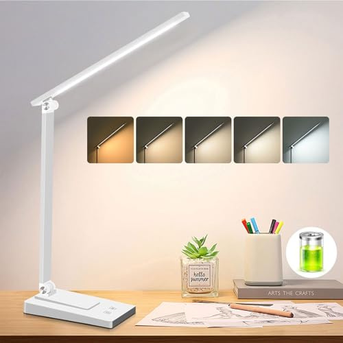 ErayLife Lampada da Scrivania a LED, 800LM 2600mAh Lampada da Comodino Ricaricabile - 5 Modalità di Luce e 5 Livelli di Luminosità, Lampada da Tavolo Senza Fili Alluminio per Lettura, Lavoro (Bianco)