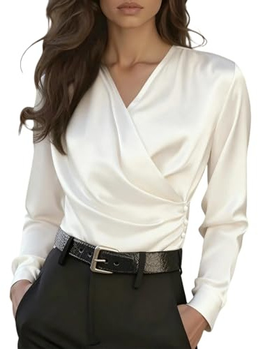 Yekdmxop Maglietta Donna Elegante Cerimonia Maglia in Raso Camicia Classico Scollo a V Maglietta Eleganti Manica Lunga Magliette Curvy Casual Blusa Basic Club Feste Tops di Seta Business Ufficio