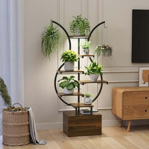 BRILVERDE Soporte para plantas con luz de crecimiento, soporte para plantas de metal, soporte para flores con luz, soporte para macetas, estante para flores, rayas de tigre (Estilo-2)