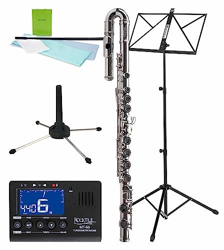 Classic Cantabile FL-100J Querflöte Starter-Set (Tolles Einsteigerinstrument, ein gebogenes, ein gerades Kopfstück, inkl. Notenständer, Stimmgerät mit Metronom, Flötenständer, Etui, Zubehör) Silbern