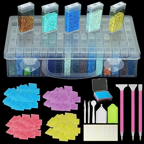 DONQL Diamond Painting Zubehör Boxen, 64 Stück Diamond Painting Set, Diamant Malerei Werkzeuge Kits Diamant Stifte Zubehör mit Stift, Pinzette, Taschen, 48PCS Klebeton, Tablett