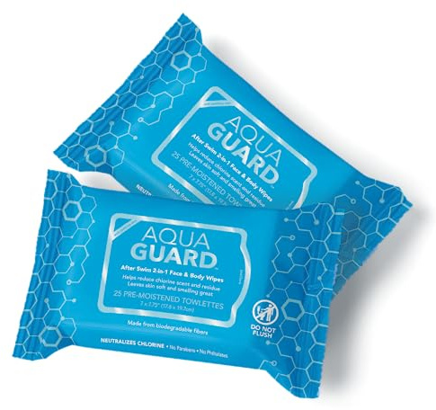 AQUA GUARD After-Swim Face & Body Wipes | Neutralize chlorine scent and residue | Moisturizing RINSE-FREE Formula (2 Packs of 25)