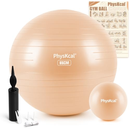 PhysKcal 65cm Pelota de Pilates, Fitness Beige, Yoga, Embarazo, Anti-pinchazos, Fitball para Ejercicios Gimnasia – Incluye Inflador