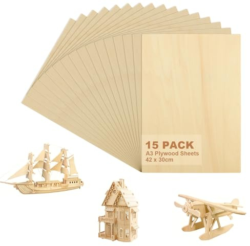 AHAQU 15PCS A3 Plywood Sheets, 420×300×3mm Unfinished Basswood Sheets | Blank Wood Board for DIY Crafts, Painting, Modelling, Fretwork Engraving, Home Decor