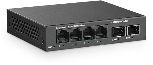 YuLinca Switch non gestito a 6 porte, 2,5 G, 4 porte da 2,5 GBASE-T con 2 x 10 G SFP+, capacità di commutazione 60 Gbps, switch di rete Plug & Play 2,5 Gb senza ventola