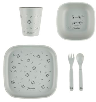 Sterntaler Geschirrset Katze Lilly - Baby und Kindergeschirr in eckiger Form ideal zum Füttern und selbständigen Essen lernen - robustes Geschirr aus lebensmittelechtem Material, mattgrün