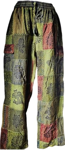 Karma Handicrafts Unisex Patchwork Cotton Trouser Hippy Boho Combat Wide Festival Pant S60 (US, Alpha, Small, Medium, Regular, Regular, Green)