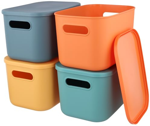 SINJEUN Confezione da 4 scatole portaoggetti in plastica con coperchio, 25 x 18 x 16 cm, contenitori impilabili, per cucina, bagno, ufficio, 4 colori