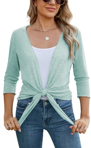 Famulily Tie Front Summer Breathable Sheer Tops for Women Three-Quarter Sleeve Cardigans (L, Green)