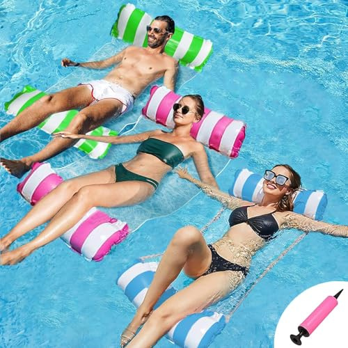 3 Pack Pool Float Water Hammock,Inflatable Swimming Pool Float Hammock for Adults, 4-in-1Multi-Purpose Water Floating Chair Bed Raft Recliner Float Lounger Float Hammock with Infloator Pump Blue+green