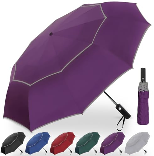 Satol Parapluie de Golf - Ouverture Automatique 10 Rayons, Double Toile, Protection UV, 62 Pouces Pliable Compact Paraplui avec Bandes Réfléchissantes, Convient à 2-4 Personnes (Violette)