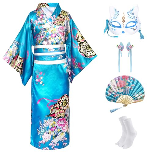 CRFASIBE 5 Pièces Kimono Japonais Enfants, Fille Robe Yukata Geisha Peignoir pour Spa, Enfants Déguisements Kimono Cosplay Ensemble de Costumes avec Accessoires(Bleu,130cm)