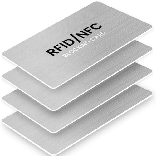 GAXUOZU RFID Blocking Cards, Premium Contactless NFC Debit Credit Card & Passport Protector Blocker Set for Men & Women - Smart Slim Design One Card Protects Entire Wallet/Purse Safe - Silver 4 Pack
