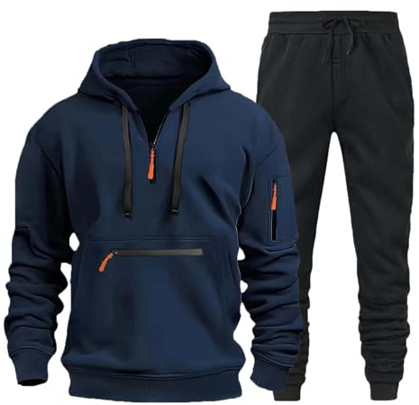 Gymnastikdräkt för herr fleece jogging huvtröjor och byxor andningsbar lös fitness långärmad sportdräkt set med fickor träningsoverall Y2k ledig kostym herr lätt, Marin, XL