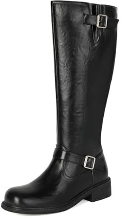 Botas De Mujer hasta La Rodilla De Cuero Sintético Caña Ancha Botas Largas De Montar con Hebilla De Metal Y Cremallera,Negro,38 EU