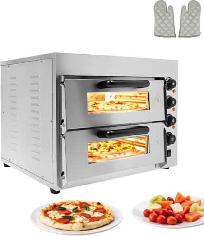 Forno professionale per pizza a doppia camera, forno elettrico con 2 pavimenti in pietra refrattaria, potenza 3000 W, 50-350 °C, timer (1-60 minuti), forno in pietra Gastro per pizza, pane e prodotti