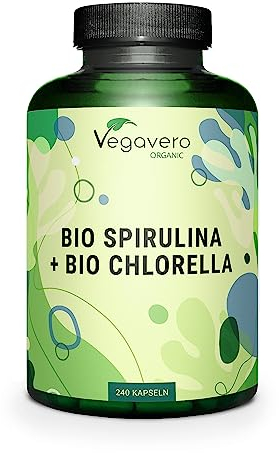 Bio Spirulina Chlorella Vegavero | Hochdosiert: 2000 mg Pulver | 240 Kapseln | Laborgeprüft | Vegan & Ohne Zusätze