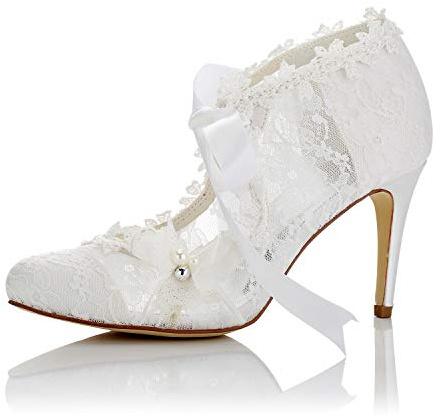 JIAJIA Scarpe da Sposa da Donna 16798 Punta Chiusa Tacco Alto Raso di Pizzo Pompe Perla Bowknot Cravatta a Nastro Scarpe da Sposa Colore Avorio, Taglia 38 EU