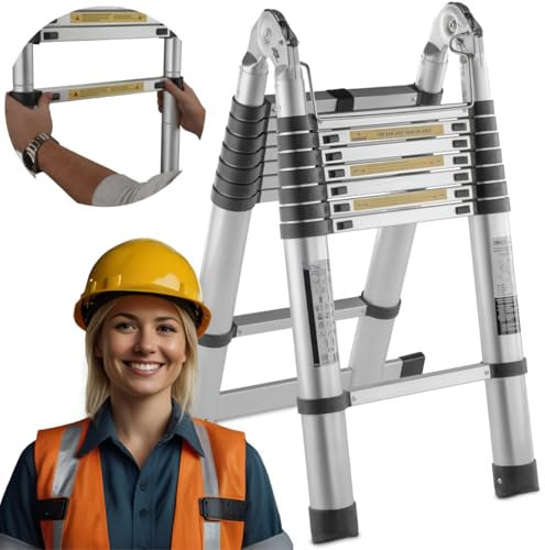 Teleskopleiter aus Aluminium, 3,2 m (1,6 m + 1,6 m), Gelenkleiter, klappbar, Mehrzweck, hochwertige Aluminiumleiter, max. 150 kg, 320 cm