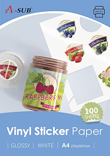 A-SUB Vit glansigt premium vattentätt utskrivbart vinyldekalpapper, självhäftande vinyletiketter för bläckstråleskrivare, A4-storlek, 100 ark