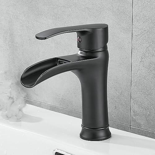 SHUNLI Schwarz Wasserhahn Bad Wasserfall Waschtischarmatur, Einhebel Badarmatur Bad Armatur Waschtischbatterie für Badezimmer Waschbecken
