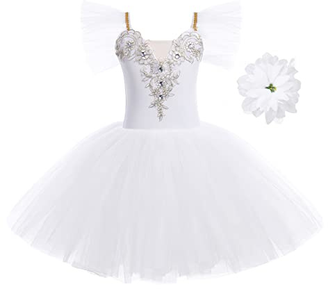 Ballet Leotards for Girls Swan Lake Ballerina Ruffle Sleeve Sparkly Ballet Tutu Toddler Gymnastics Leotard Dance Tulle Tutu Skirt Kids Ballet Dress Ballerina Outfits White (2PCS) 13-14 Years