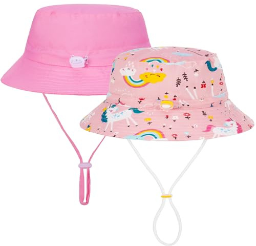 2Pcs Toddler Sun Hat Kids, Adjustable Girls Bucket Hats Baby Summer Sun Hat with Adjustable Head Drawstring and Chin Strap, Outdoor Kids Summer Protection Bucket Hats,1-3 Years Pink