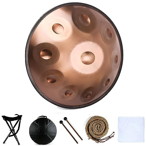 Handpan Drum Instrument in D Minor, 9/10/12 Notes, 56 cm, Steel Handpan Drum with Handpan Bag, 2 Mallets and Hand Drum Stand