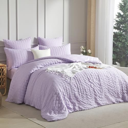 Luofanfei Copripiumino Lilla 220 x 240 Seersucker tinta unita Set da letto matrimoniale per adulti, biancheria da letto in microfibra, tinta unita, copripiumino con cerniera con 2 federe 65 x 65 cm