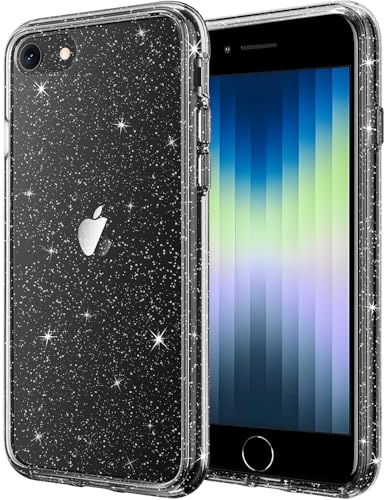 Anfire Mobiltelefonskal för iPhone SE 2022/2020/iPhone 8, skal glitter, bling, glitter, TPU, silikon, smalt fodral för flickor, kameraskydd, stötsäkert transparent skyddsfodral för iPhone 8-fodral